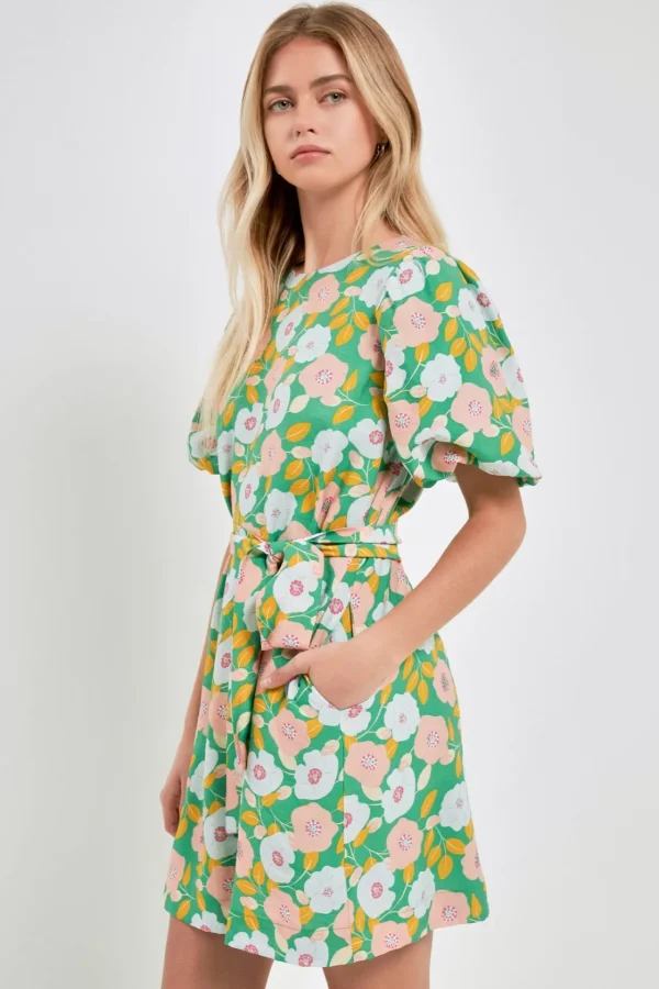 ENGLISH FACTORY Floral Dresses | Tops*- Floral belted Puff Sleeve Mini Shift Dress GREEN
