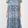 ENGLISH FACTORY White Dresses | Puff Sleeve*- Floral Color Block Midi Dress WHITE