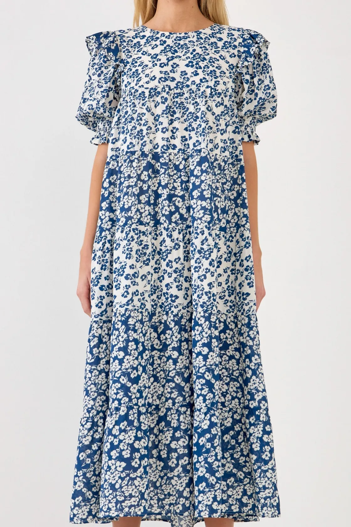 english_factory__floral_c_0-4.webp ENGLISH FACTORY White Dresses | Puff Sleeve*- Floral Color Block Midi Dress WHITE