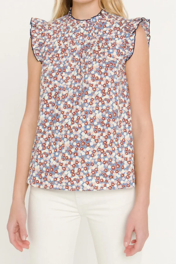 ENGLISH FACTORY Tops*- Floral Contrast Stitch Top BLUEMULTI