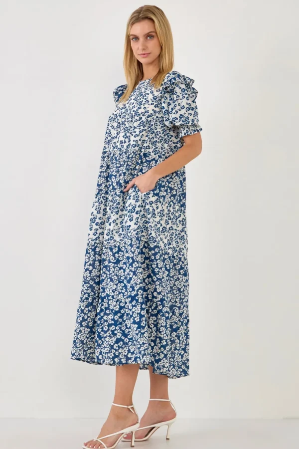 ENGLISH FACTORY White Dresses | Puff Sleeve*- Floral Color Block Midi Dress WHITE