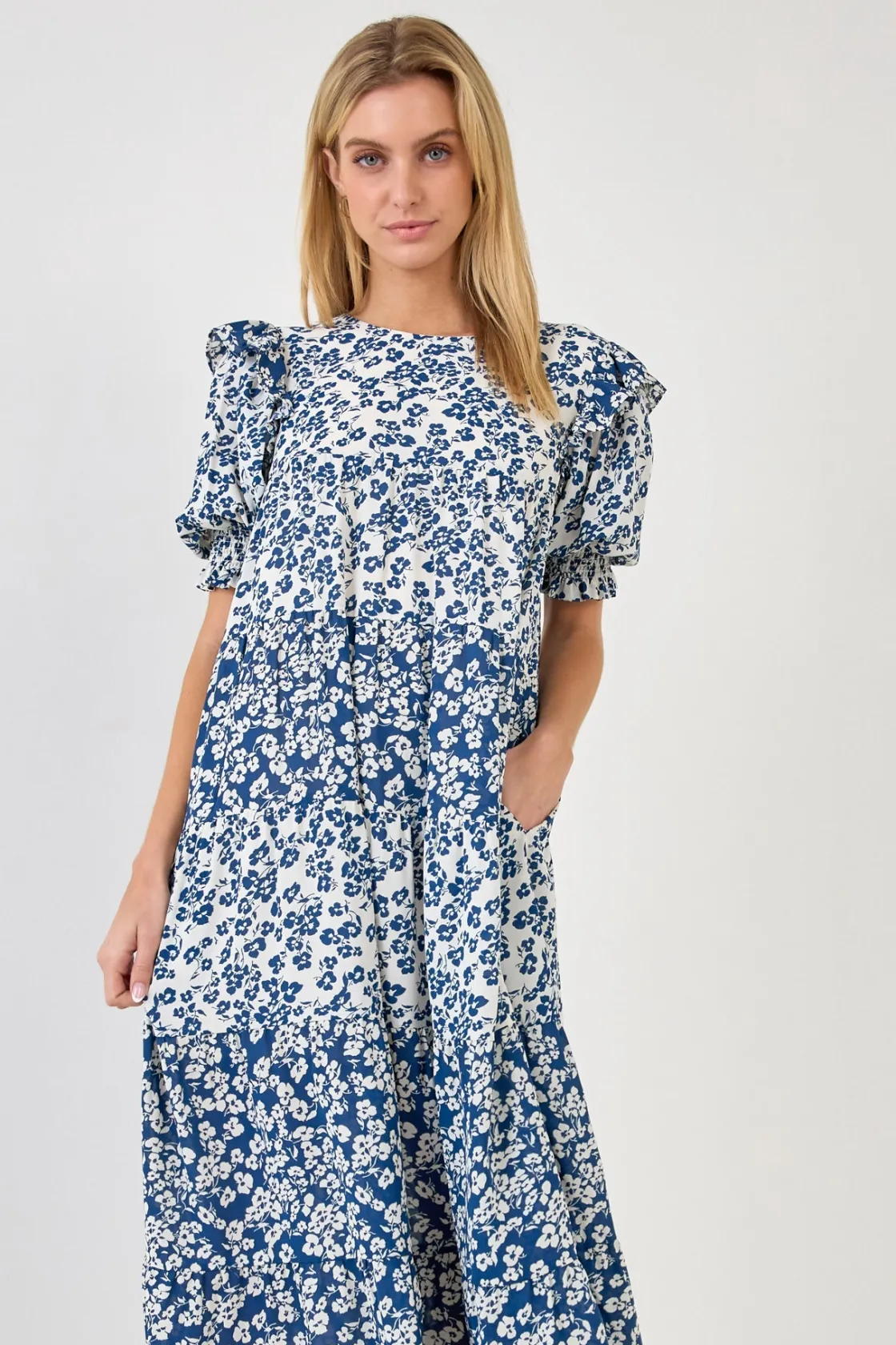 english_factory__floral_c_3-4.webp ENGLISH FACTORY White Dresses | Puff Sleeve*- Floral Color Block Midi Dress WHITE