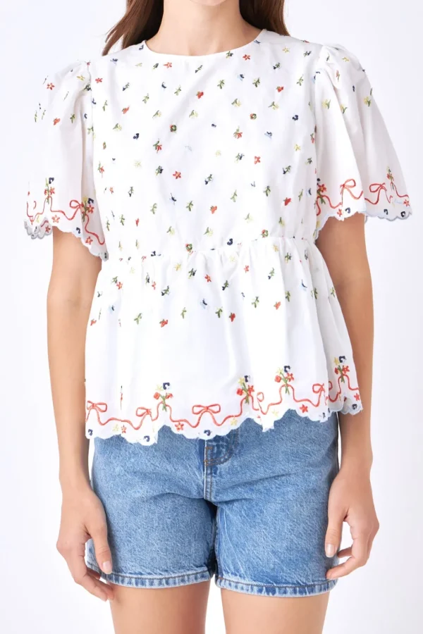 ENGLISH FACTORY Tops*- Floral Embroidery Scalloped Top WHITE