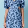ENGLISH FACTORY Lace Dresses | Puff Sleeve*- Floral Eyelet Lace Cut Out Scalloped Mini Dress BLUE