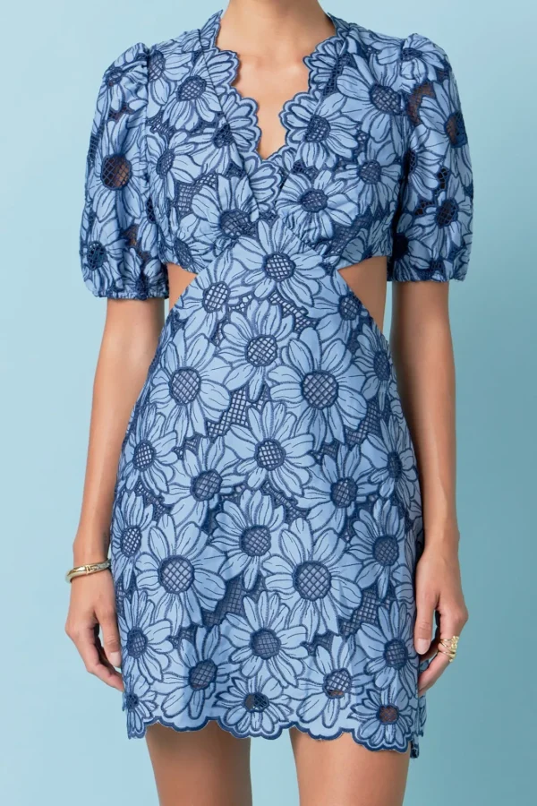 ENGLISH FACTORY Lace Dresses | Puff Sleeve*- Floral Eyelet Lace Cut Out Scalloped Mini Dress BLUE
