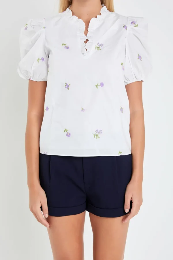 ENGLISH FACTORY Tops*- Floral Embroidery V-neck Top WHITE