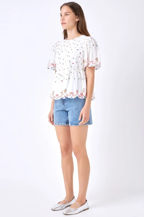 ENGLISH FACTORY Tops*- Floral Embroidery Scalloped Top WHITE