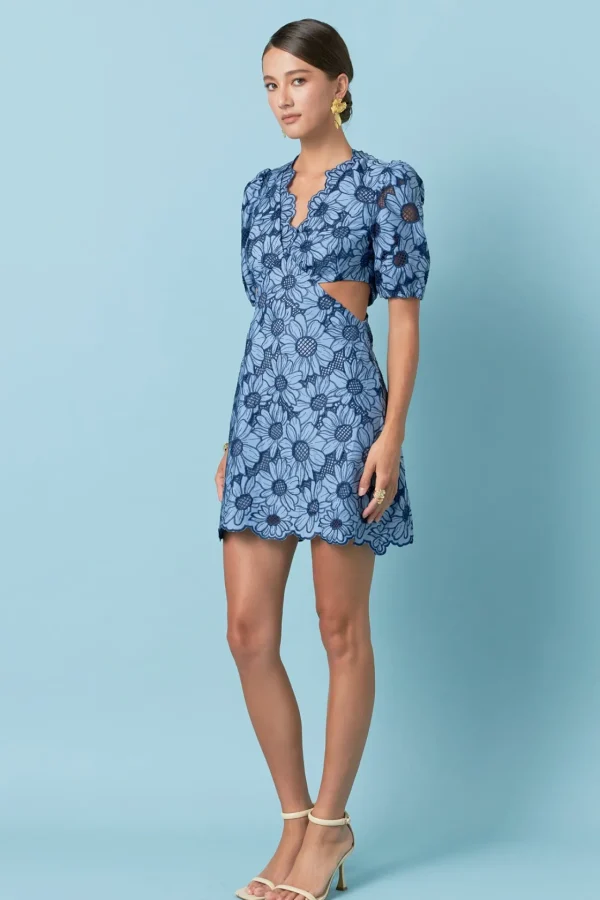 ENGLISH FACTORY Lace Dresses | Puff Sleeve*- Floral Eyelet Lace Cut Out Scalloped Mini Dress BLUE