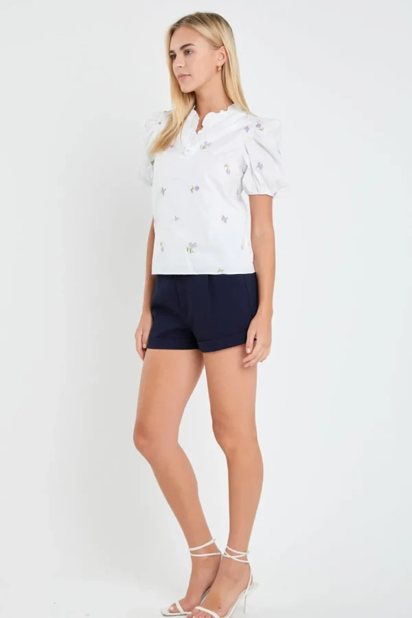ENGLISH FACTORY Tops*- Floral Embroidery V-neck Top WHITE