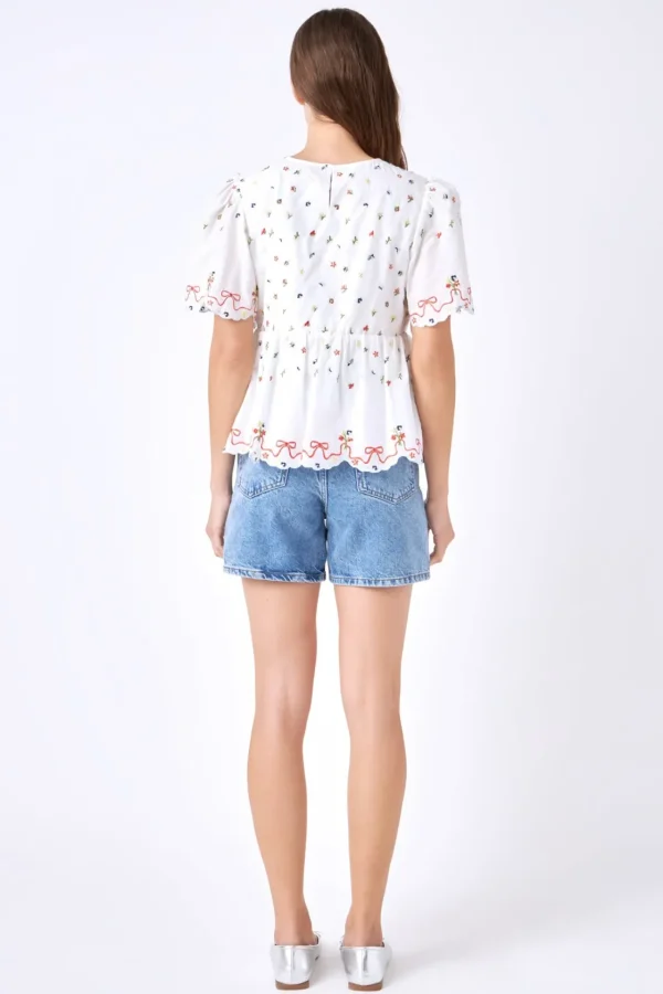 ENGLISH FACTORY Tops*- Floral Embroidery Scalloped Top WHITE