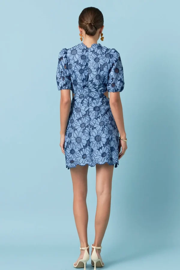 ENGLISH FACTORY Lace Dresses | Puff Sleeve*- Floral Eyelet Lace Cut Out Scalloped Mini Dress BLUE