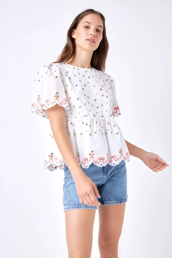 ENGLISH FACTORY Tops*- Floral Embroidery Scalloped Top WHITE