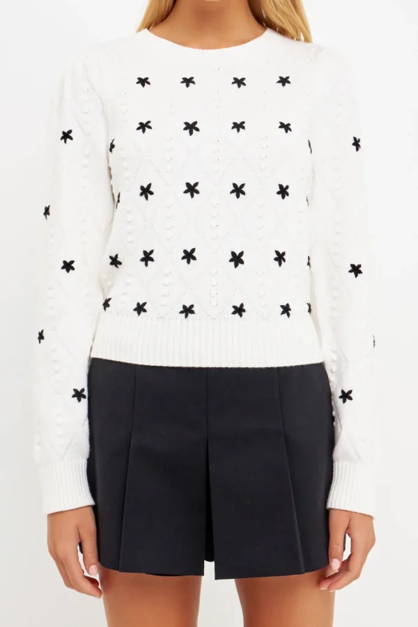 ENGLISH FACTORY Sweaters & Knits*- Floral Handmade Embroidery Long Sleeve Sweater