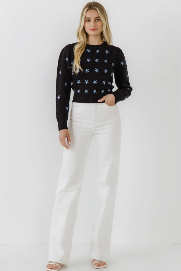 ENGLISH FACTORY Sweaters & Knits*- Floral Handmade Embroidery Long Sleeve Sweater