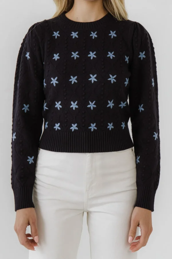 ENGLISH FACTORY Sweaters & Knits*- Floral Handmade Embroidery Long Sleeve Sweater