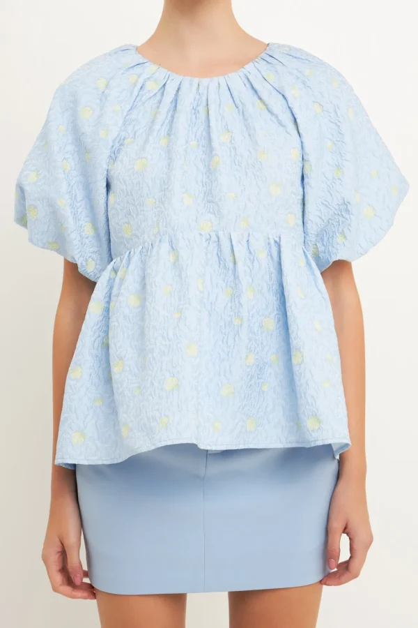 ENGLISH FACTORY Tops*- Floral Jacquard Spg Tie Flounce Blouse BLUE