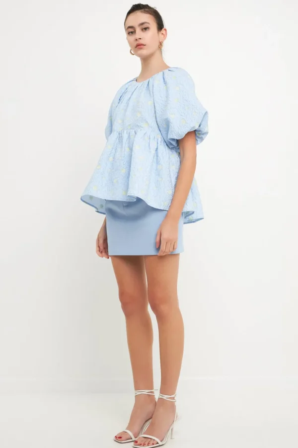 ENGLISH FACTORY Tops*- Floral Jacquard Spg Tie Flounce Blouse BLUE