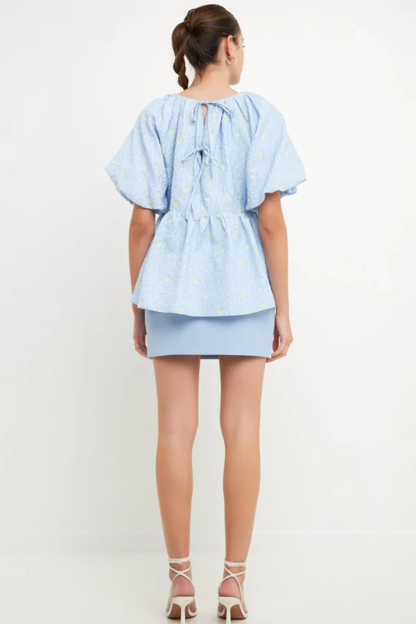 ENGLISH FACTORY Tops*- Floral Jacquard Spg Tie Flounce Blouse BLUE
