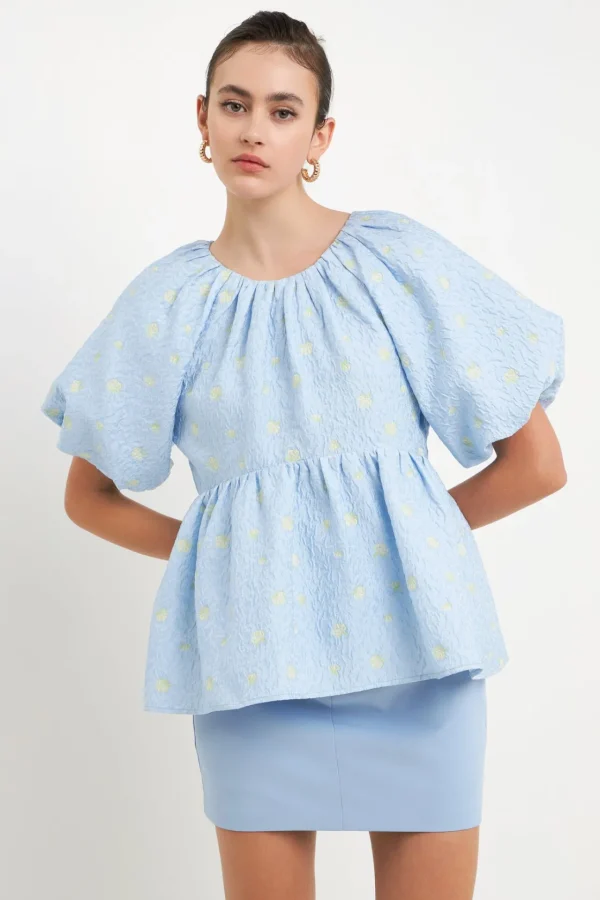 ENGLISH FACTORY Tops*- Floral Jacquard Spg Tie Flounce Blouse BLUE