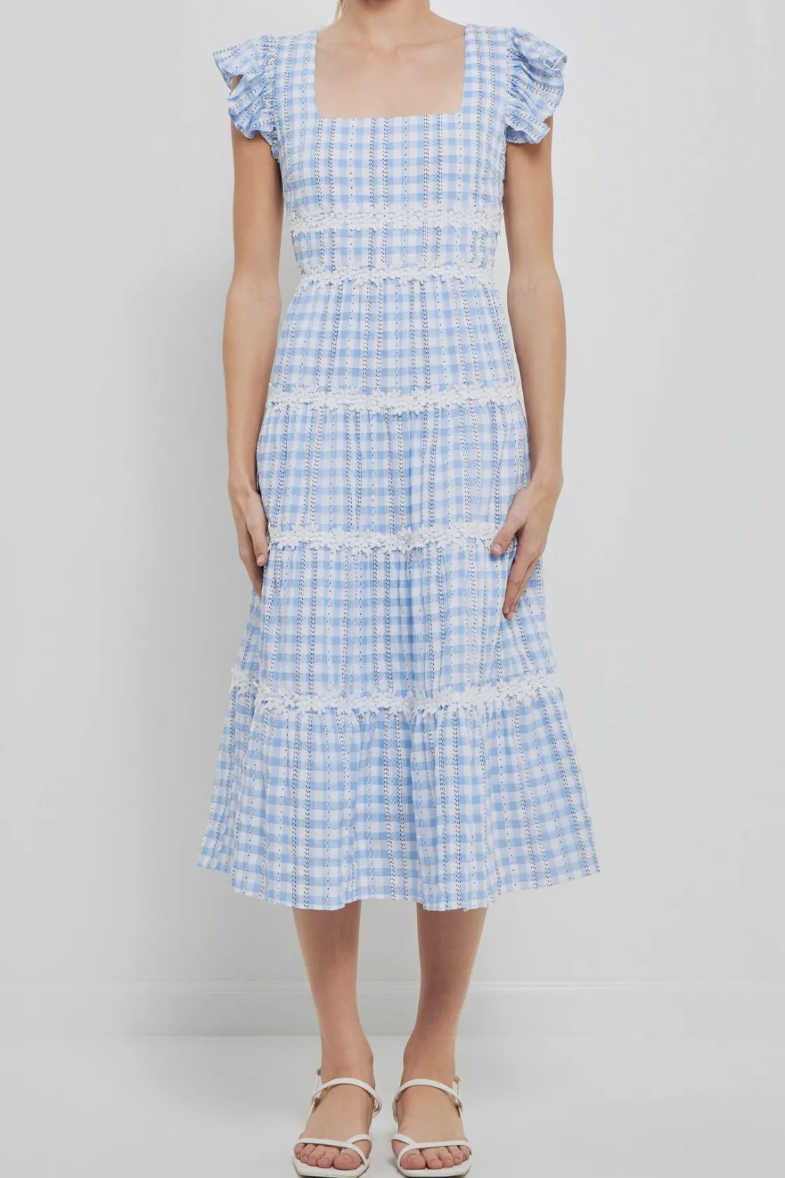 english_factory__floral_l_0-1.webp ENGLISH FACTORY Lace Dresses | Floral Dresses*- Floral Lace Gingham Printed Midi Dress BLUE/WHITE