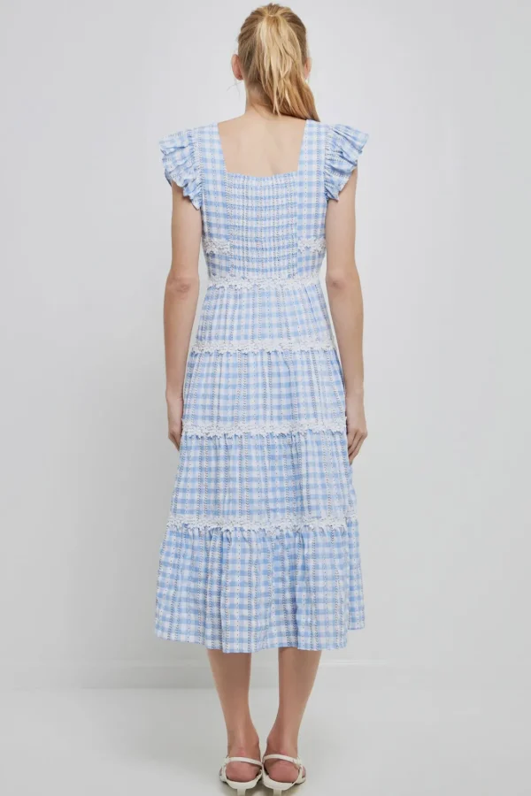 ENGLISH FACTORY Lace Dresses | Floral Dresses*- Floral Lace Gingham Printed Midi Dress BLUE/WHITE