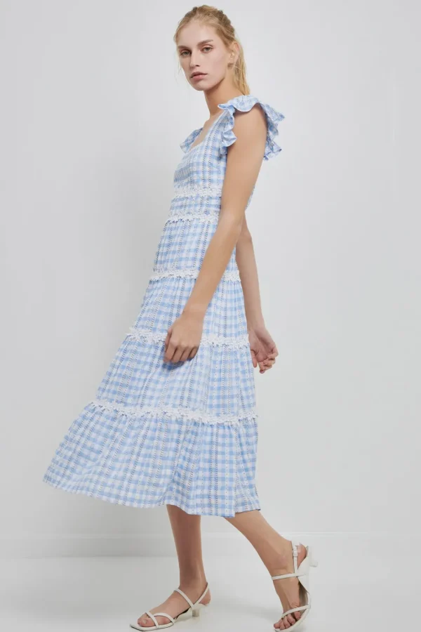 ENGLISH FACTORY Lace Dresses | Floral Dresses*- Floral Lace Gingham Printed Midi Dress BLUE/WHITE
