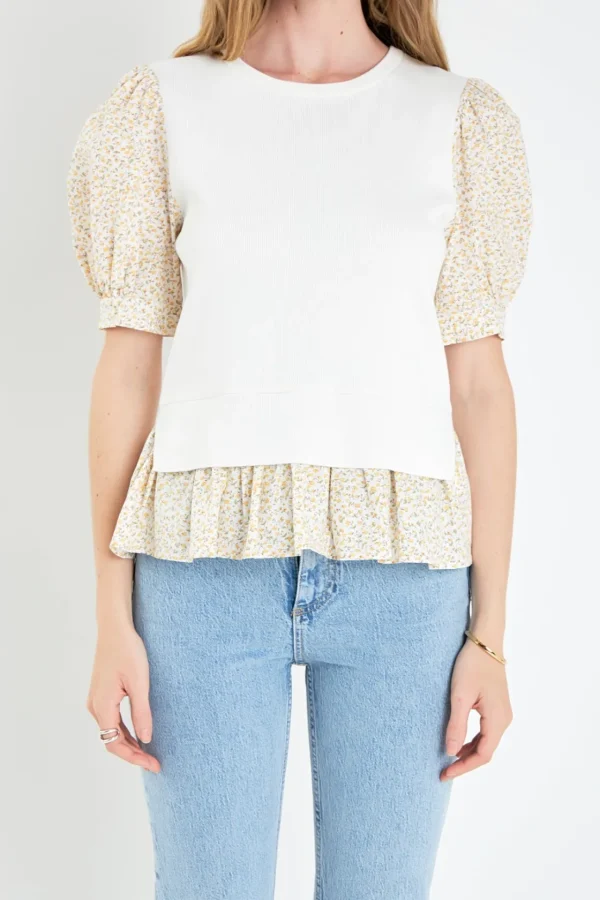 ENGLISH FACTORY Tops*- Floral Mixed Media Top IVORY