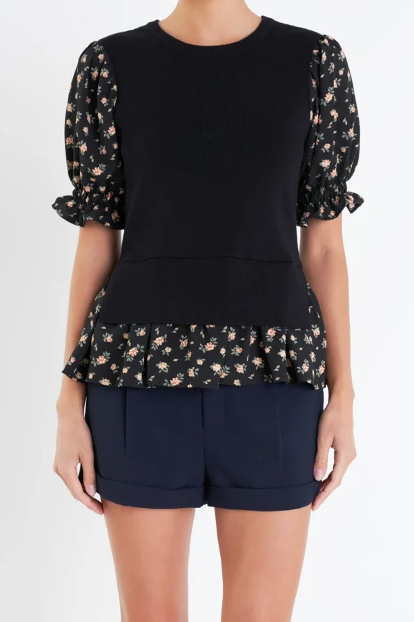 ENGLISH FACTORY Tops*- Floral Mixed Knit Top BLACKMULTI