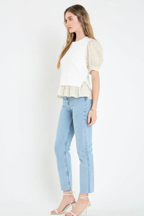 ENGLISH FACTORY Tops*- Floral Mixed Media Top IVORY