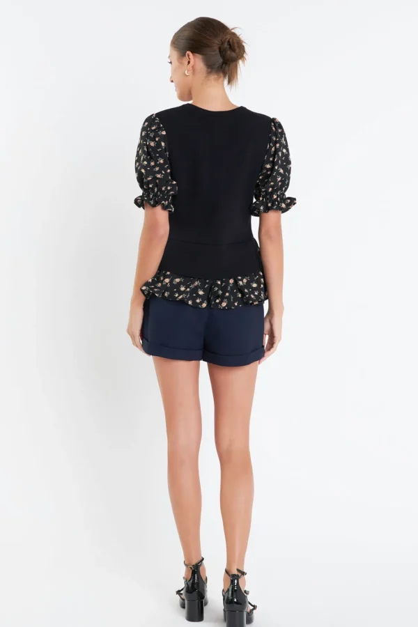 ENGLISH FACTORY Tops*- Floral Mixed Knit Top BLACKMULTI