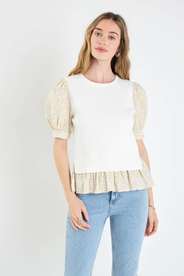 ENGLISH FACTORY Tops*- Floral Mixed Media Top IVORY