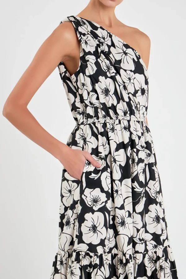 ENGLISH FACTORY Floral Dresses*- Floral One Shoulder Long Dress BLACK