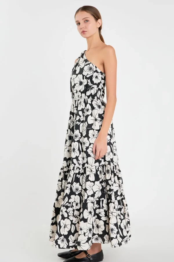 ENGLISH FACTORY Floral Dresses*- Floral One Shoulder Long Dress BLACK