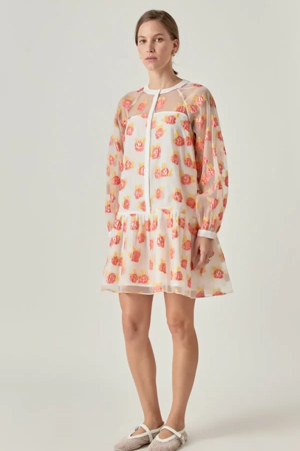 ENGLISH FACTORY Tops*- Floral Organza Buttoned Mini Dress