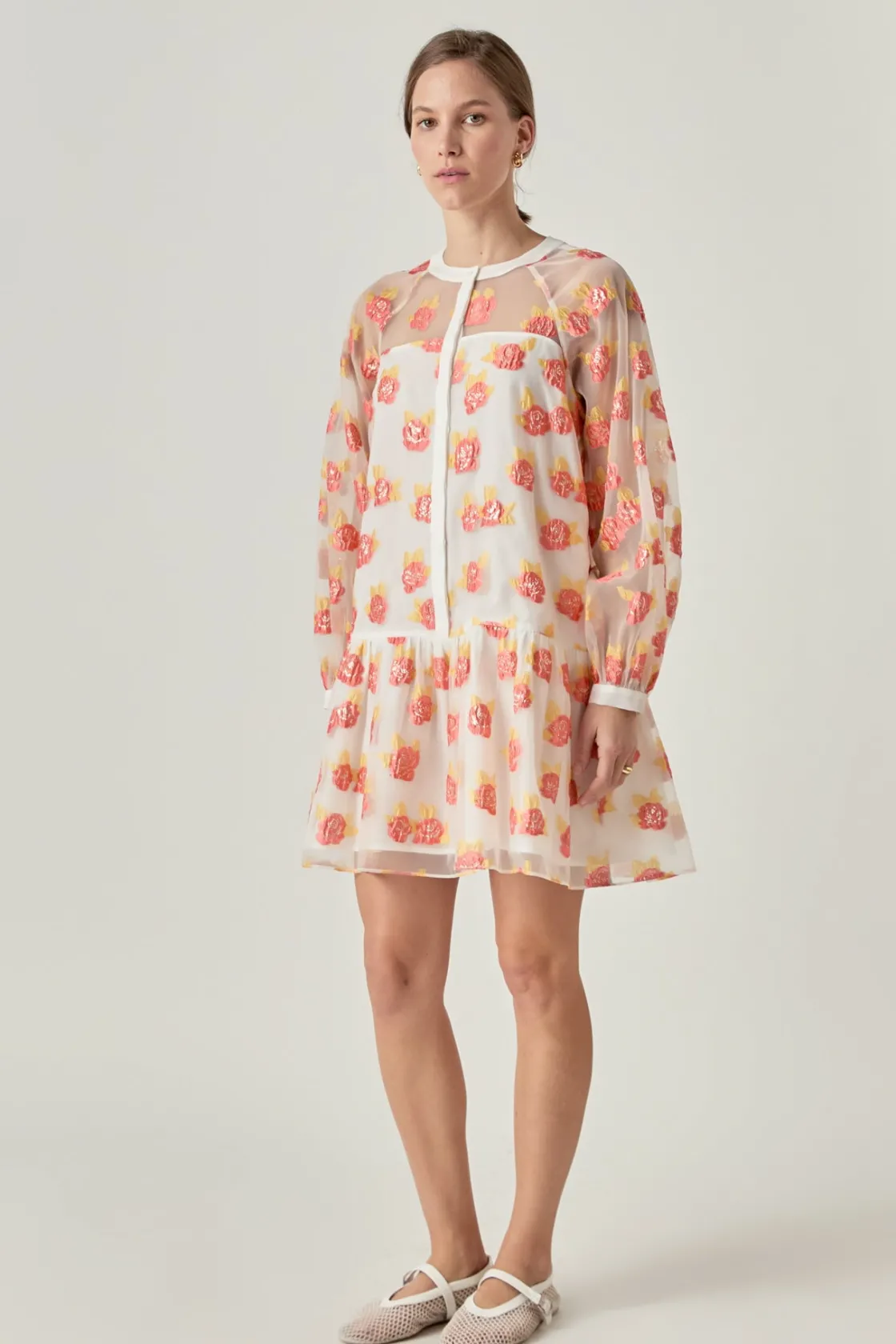 english_factory__floral_o_1.webp ENGLISH FACTORY Tops*- Floral Organza Buttoned Mini Dress