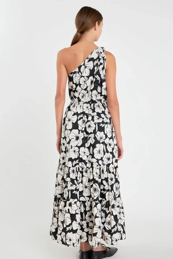 ENGLISH FACTORY Floral Dresses*- Floral One Shoulder Long Dress BLACK