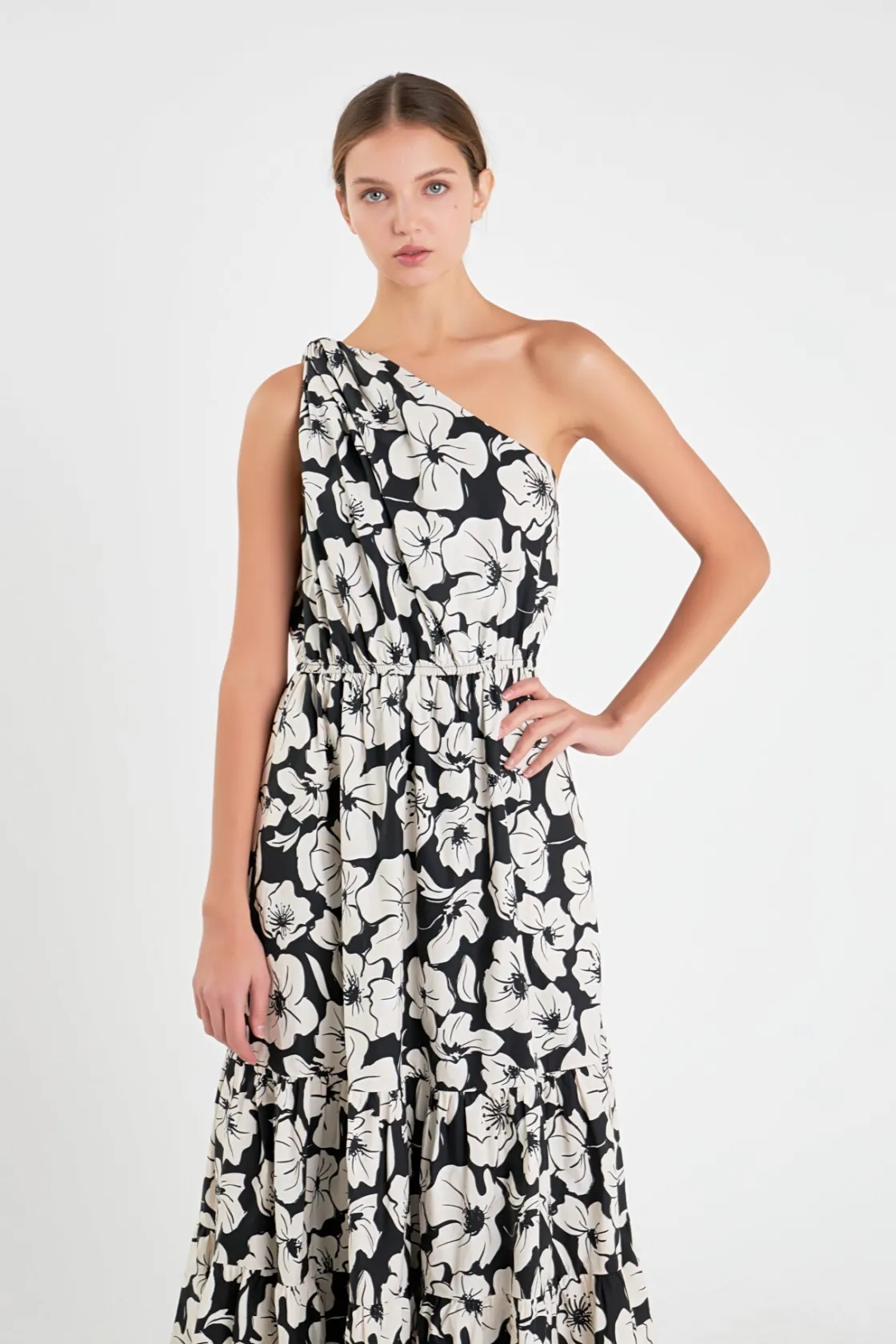 english_factory__floral_o_3-1.webp ENGLISH FACTORY Floral Dresses*- Floral One Shoulder Long Dress BLACK