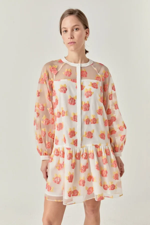 ENGLISH FACTORY Tops*- Floral Organza Buttoned Mini Dress