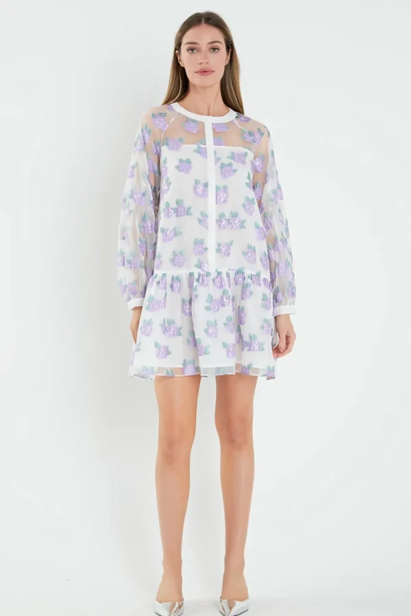 ENGLISH FACTORY Tops*- Floral Organza Buttoned Mini Dress