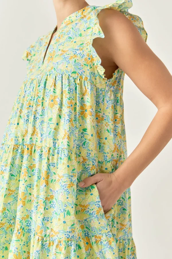 ENGLISH FACTORY Tops*- Floral Printed Babydoll V-Neck Mini Dress YELLOWMULTI