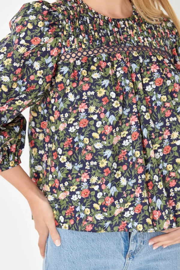 ENGLISH FACTORY Tops*- Floral Print Pintuck Detail Top NAVY