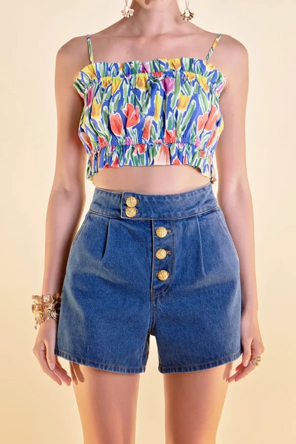 ENGLISH FACTORY Matching Sets | Tops*- Floral Print Ruffled Cropped Top BLUEMULTI
