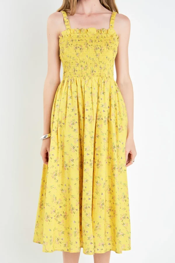 ENGLISH FACTORY Tops*- Floral Print Smocked Dress in YELLOW