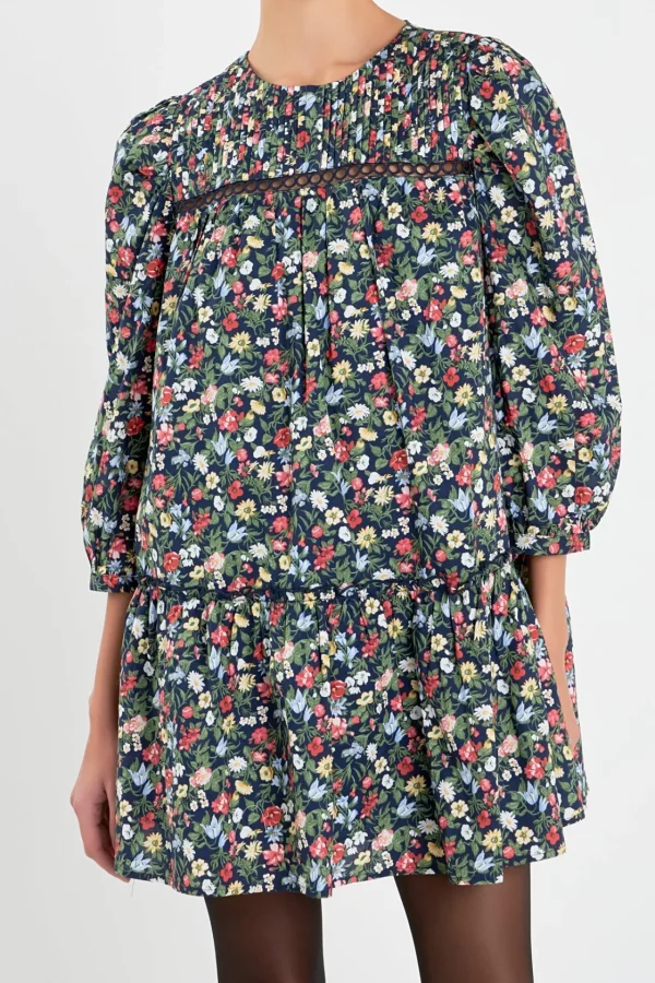 ENGLISH FACTORY Floral Dresses*- Floral Print Pintuck Mini Dress NAVYMULTI