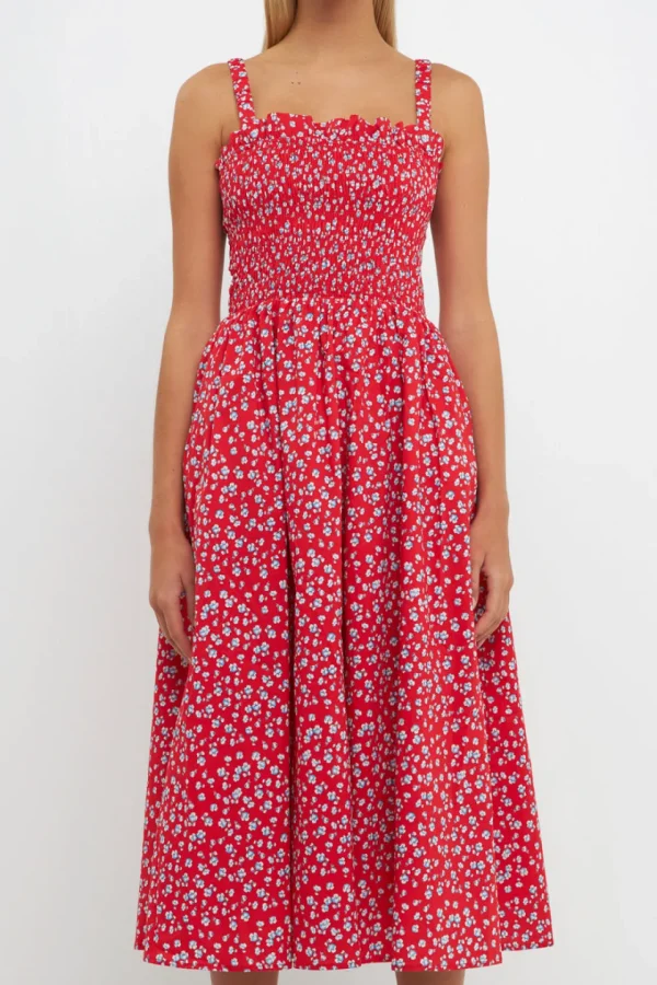ENGLISH FACTORY Floral Dresses | Tops*- Floral Print Smocked Dress in RED