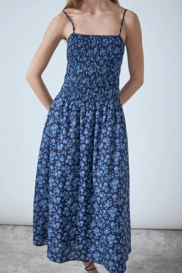 ENGLISH FACTORY Floral Dresses | Tops*- Floral Print Smocked Midi Dress NAVYMULTI