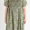 ENGLISH FACTORY Puff Sleeve | Tops*- Floral Print Smocked Puff Sleeve Dress GREENMULTI