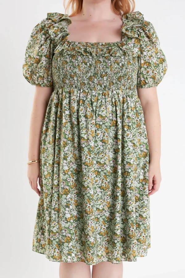 ENGLISH FACTORY Puff Sleeve | Tops*- Floral Print Smocked Puff Sleeve Dress GREENMULTI