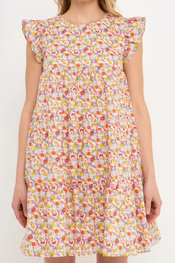 ENGLISH FACTORY Tops*- Floral Printed Babydoll Mini Dress WHITE/MULTI