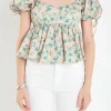 ENGLISH FACTORY Tops*- Floral Puff Sleeve Top GREENMULTI